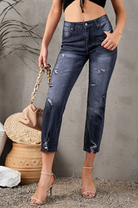 Thumbnail for Distressed Hem Detail Cropped Jeans