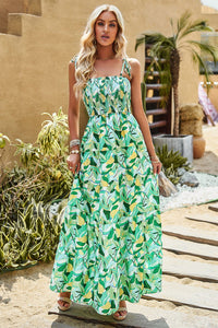 Thumbnail for Printed Tie-Shoulder Smocked Maxi Dress