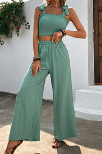 Thumbnail for Tie Shoulder Smocked Crop Top and Wide Leg Pants Set