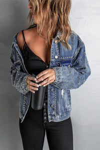 Thumbnail for Studded Button Down Denim Jacket