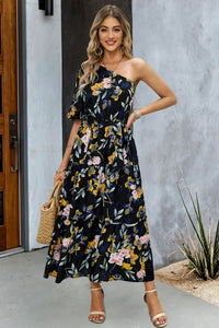 Thumbnail for Printed One-Shoulder Tie Belt Maxi Dress