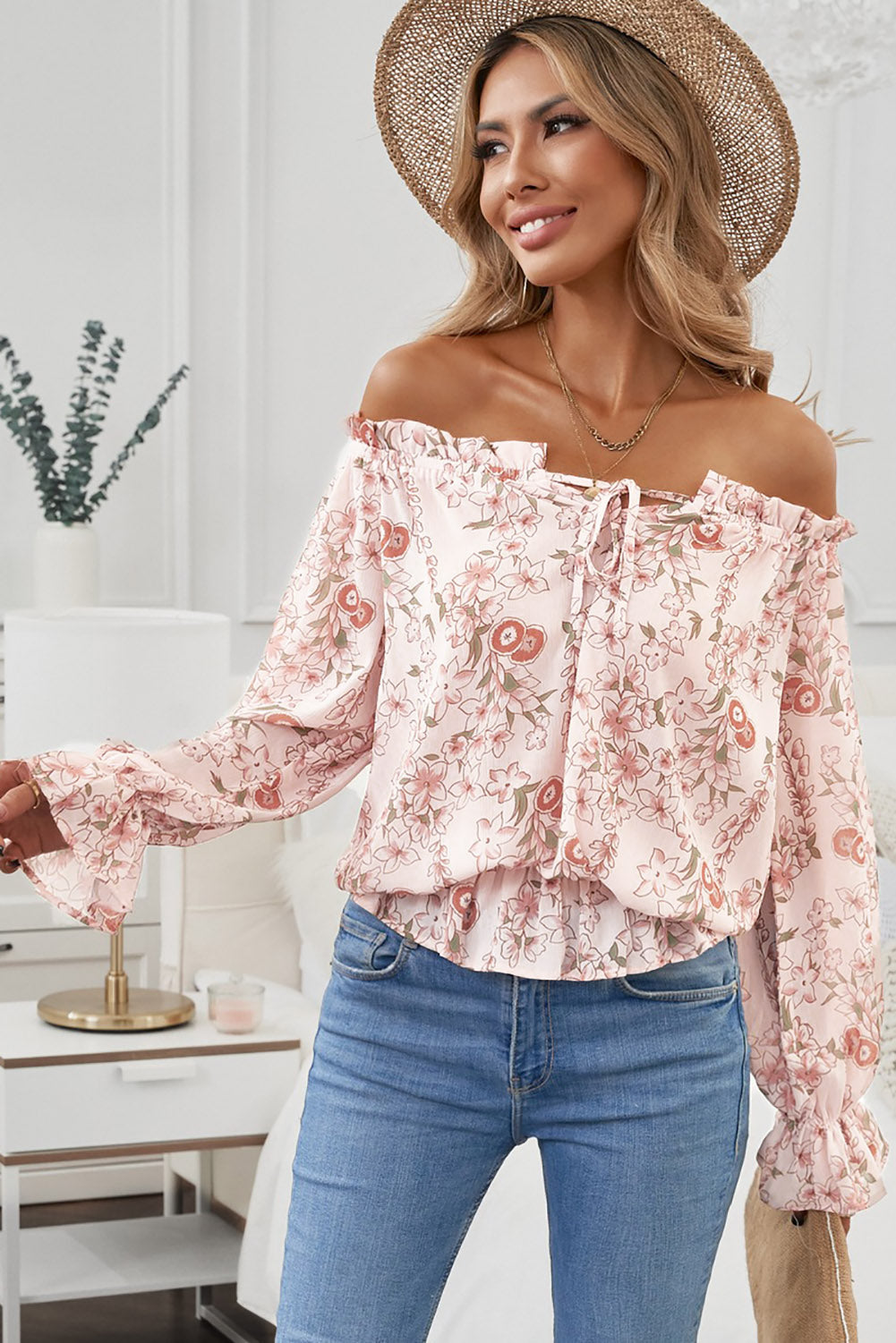 Floral Flounce Sleeve Frilled Off-Shoulder Blouse - MiaMore | Luxary Classic Charm