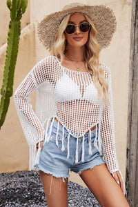 Thumbnail for Tassel Hem Openwork Long Sleeve Cover Up