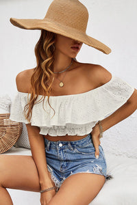 Thumbnail for Eyelet Layered Off-Shoulder Cropped Blouse - MiaMore | Luxary Classic Charm