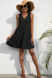 Thumbnail for Decorative Button V-Neck Tiered Sleeveless Dress