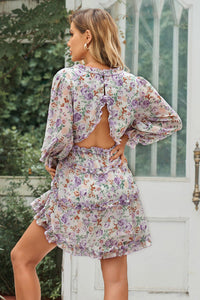 Thumbnail for Floral Frill Trim Plunge Flounce Sleeve Dress