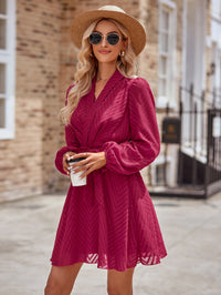 Thumbnail for Belted Surplice Neck Long Sleeve Mini Dress