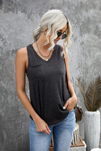 Thumbnail for V-Neck Curved Hem Pocket Tank