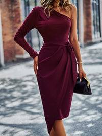 Thumbnail for One-Shoulder Pleated Detail Belted Dress - MiaMore | Luxary Classic Charm