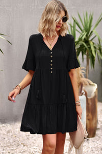 Thumbnail for Tie Neck Buttoned Flounce Sleeve Dress