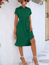 Thumbnail for Cuffed Short Sleeve Belted Shirt Dress