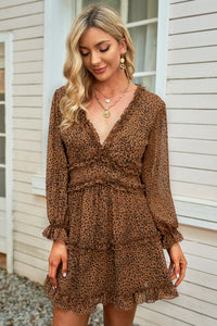Thumbnail for Floral Frill Trim Plunge Flounce Sleeve Dress