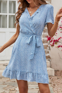 Thumbnail for Leopard Print Tie Belt Puff Sleeve Dress