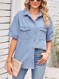 Thumbnail for Collared Neck Short Sleeve Denim Jacket