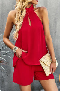 Thumbnail for Halter Neck Top and Shorts Set with Pockets