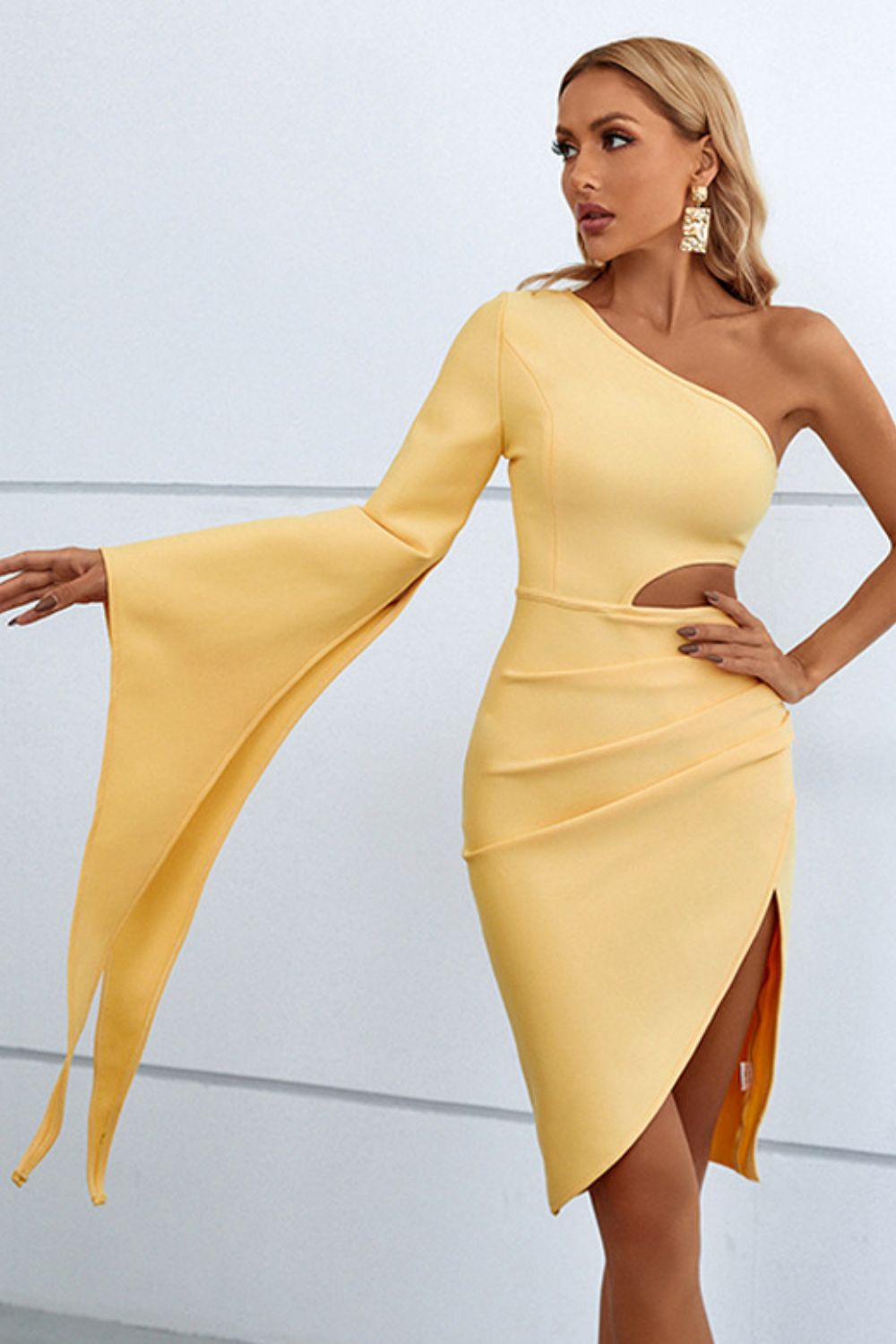 Cutout Split Flare Sleeve One-Shoulder Dress - MiaMore | Luxary Classic Charm