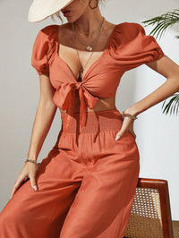 Thumbnail for Tie Front Cropped Top and Smocked Wide Leg Pants Set