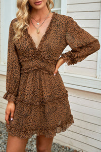 Thumbnail for Floral Frill Trim Plunge Flounce Sleeve Dress