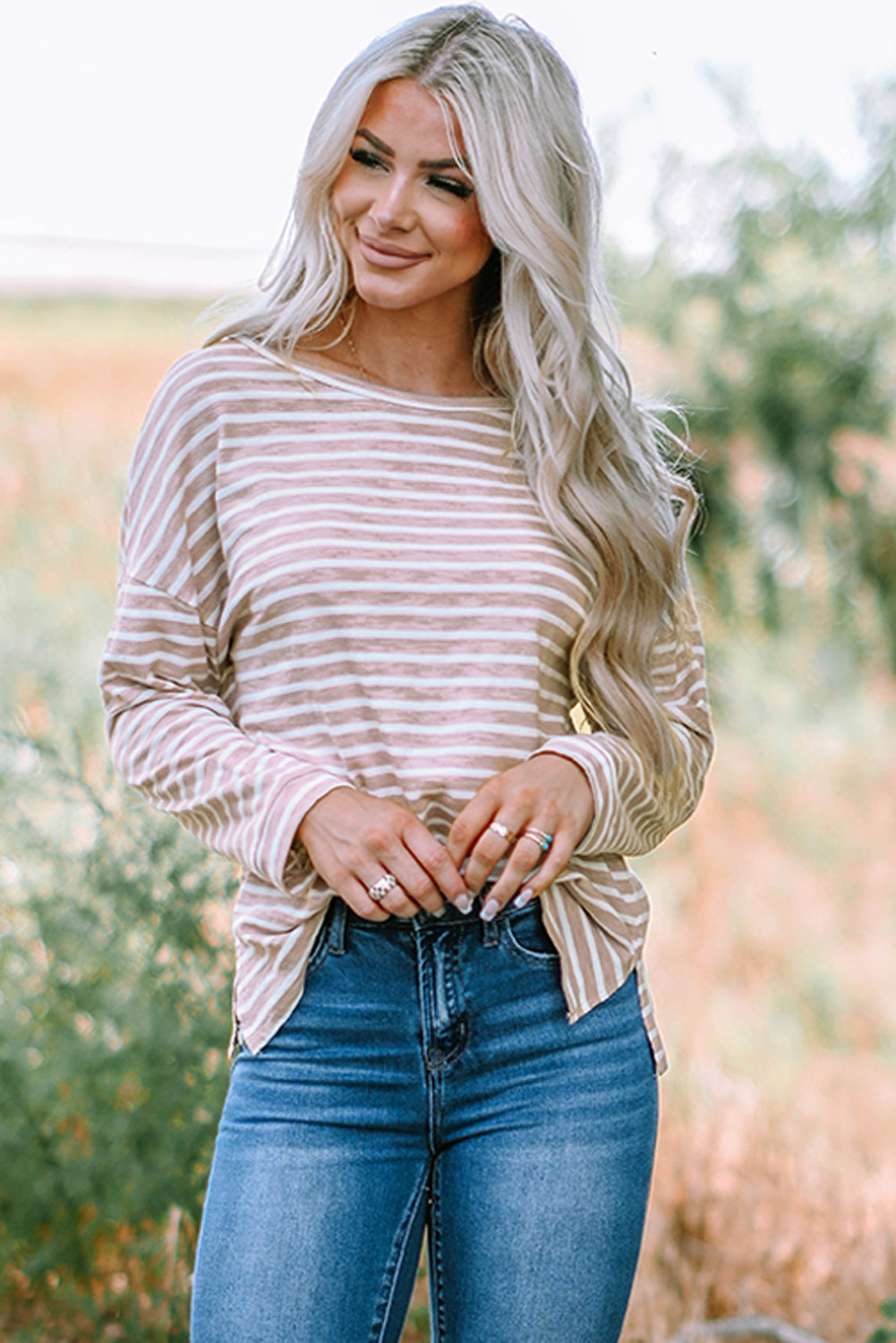 Striped Boat Neck Drop Shoulder Top - MiaMoré