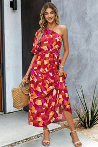 Thumbnail for Printed One-Shoulder Tie Belt Maxi Dress