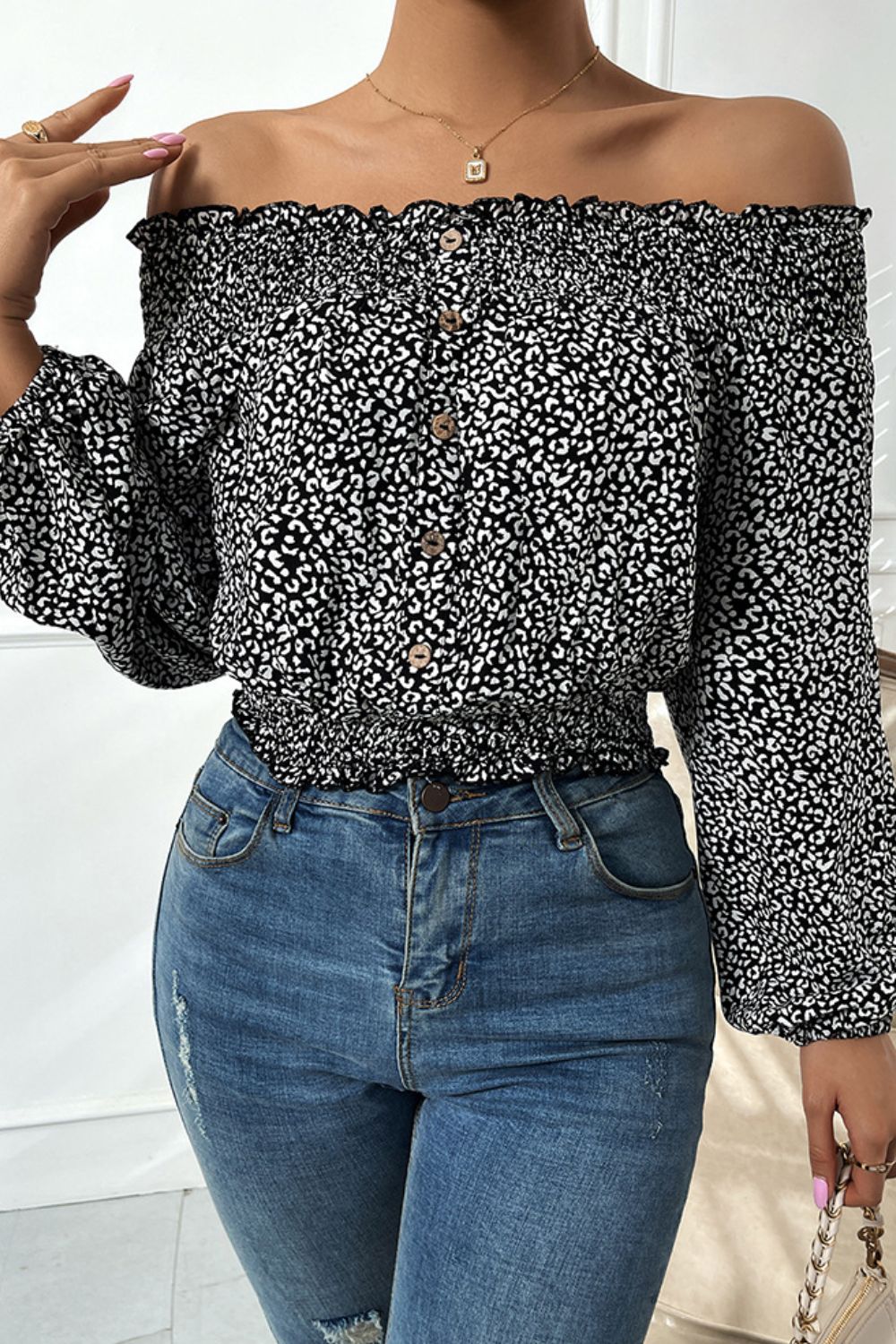 Leopard Print Frill Trim Off-Shoulder Top - MiaMore | Luxary Classic Charm