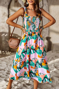 Thumbnail for Printed Smocked Tie Shoulder Dress