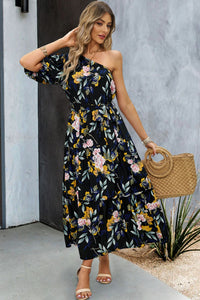 Thumbnail for Printed One-Shoulder Tie Belt Maxi Dress
