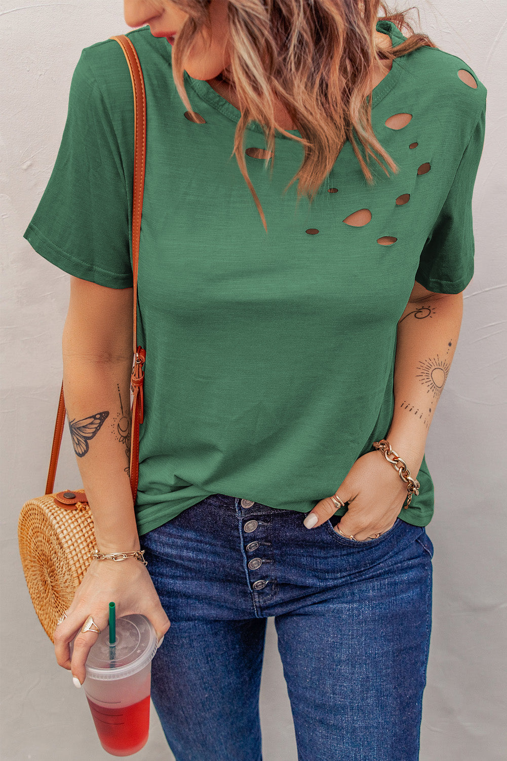 Distressed Short Sleeve Round Neck Tee - MiaMore | Luxary Classic Charm