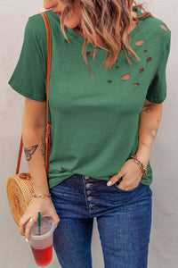 Thumbnail for Distressed Short Sleeve Round Neck Tee - MiaMore | Luxary Classic Charm