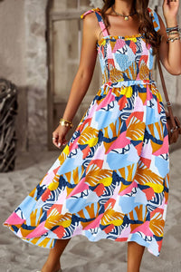 Thumbnail for Printed Smocked Tie Shoulder Dress
