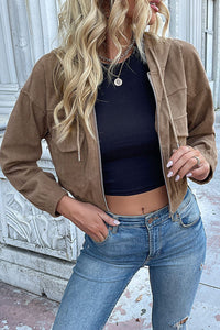 Thumbnail for Zip-Up Corduroy Cropped Hooded Jacket