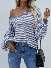 Thumbnail for Striped Drop Shoulder V-Neck Pullover Sweater