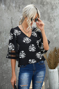 Thumbnail for Botanical Print V-Neck Puff Sleeve Blouse - MiaMore | Luxary Classic Charm