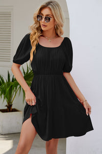 Thumbnail for Ruched Square Neck Puff Sleeve Mini Dress