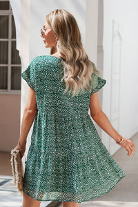 Thumbnail for Printed V-Neck Short Sleeve Tiered Dress