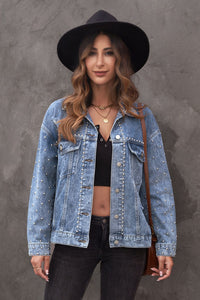 Thumbnail for Studded Button Down Denim Jacket