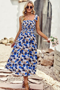 Thumbnail for Printed Smocked Tie Shoulder Dress