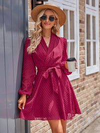Thumbnail for Belted Surplice Neck Long Sleeve Mini Dress