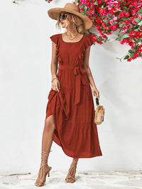 Thumbnail for Tie Belt Ruffled Tiered Dress
