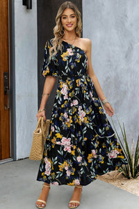 Thumbnail for Printed One-Shoulder Tie Belt Maxi Dress