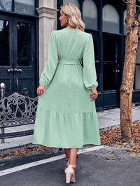 Thumbnail for Swiss Dot Belted Surplice Puff Sleeve Midi Dress