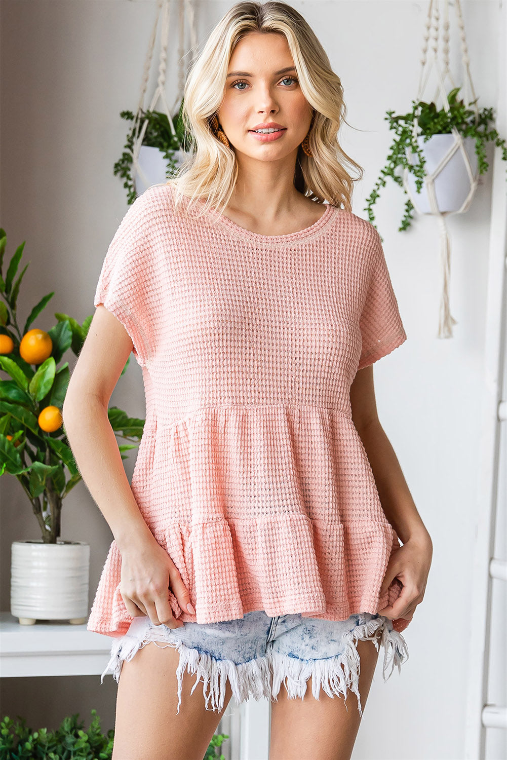 Waffle-Knit Buttoned Ruffle Hem Top - MiaMore | Luxary Classic Charm