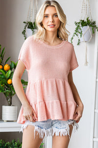 Thumbnail for Waffle-Knit Buttoned Ruffle Hem Top - MiaMore | Luxary Classic Charm