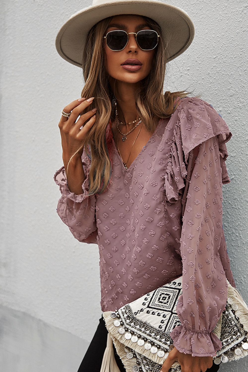 Swiss Dot Ruffle Shoulder Long Sleeve Blouse - MiaMore | Luxary Classic Charm