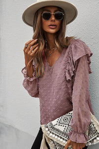 Thumbnail for Swiss Dot Ruffle Shoulder Long Sleeve Blouse - MiaMore | Luxary Classic Charm