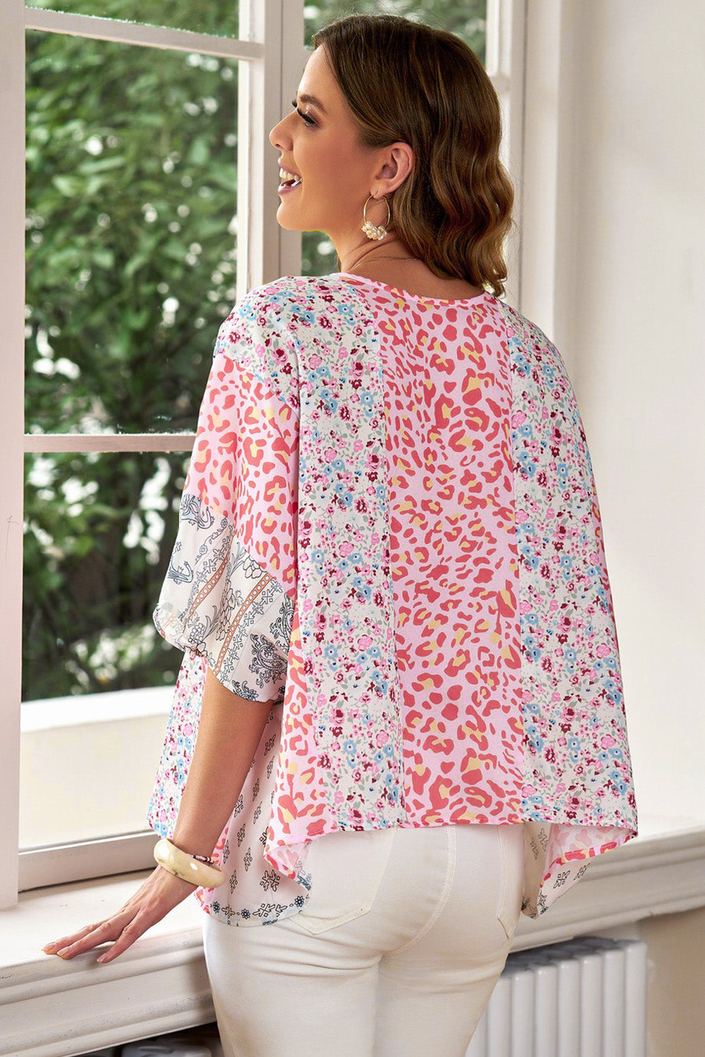 Mixed Print V-Neck Blouse - MiaMore | Luxary Classic Charm