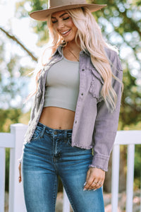 Thumbnail for Frayed Trim Snap Down Denim Jacket