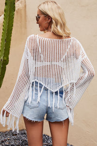 Thumbnail for Tassel Hem Openwork Long Sleeve Cover Up