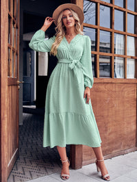 Thumbnail for Swiss Dot Belted Surplice Puff Sleeve Midi Dress