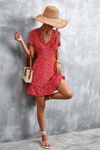 Thumbnail for Ditsy Floral V-Neck Short Sleeve Dress
